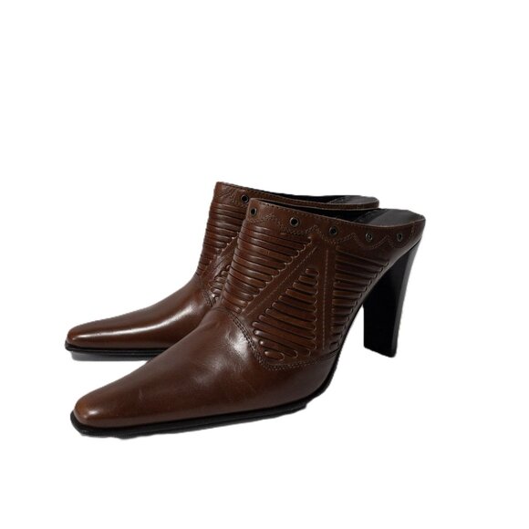 Via Spiga Brown Leather Heel Mules With Studded Detailing & Pointed Toe Size 7M - Picture 1 of 10
